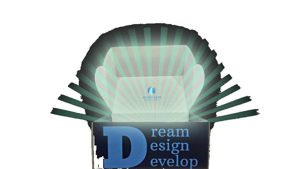 Open JetBox: Dream, Design, Develop on the lid; teal light radiates from inside.